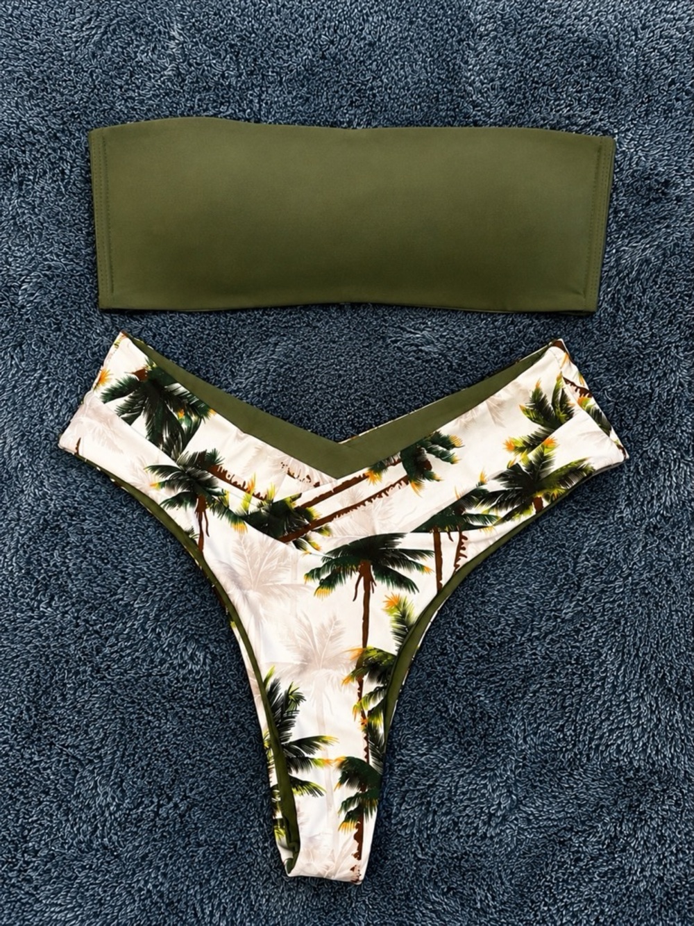 Olive Green Bandeau Bikini Top with Palm-Print V-Front Bottoms